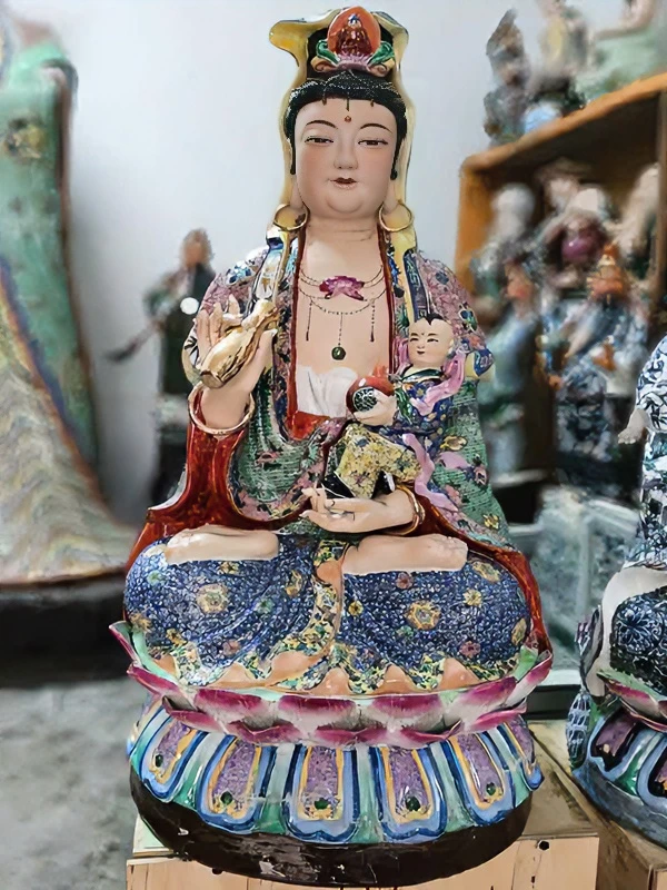 景德镇陶瓷手工粉彩送子观音菩萨中式工艺品庙宇摆件坐莲观音送子
