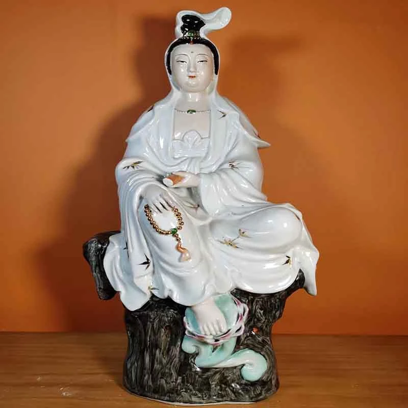 白衣自在观音景德镇陶瓷手工白衣竹叶观世音菩萨中式家用庙宇摆件