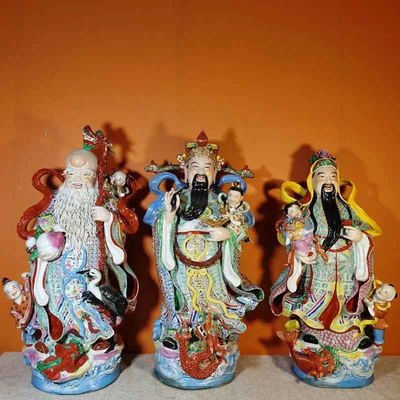 精品福禄寿三星景德镇雕塑瓷粉彩敬酒三星福禄寿中式古典家用摆件