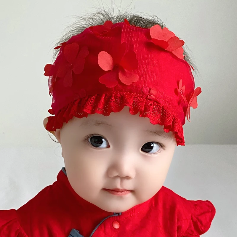 女宝宝夏季囟门帽空顶帽防风帽大红宽发带公主帽四季帽圈 MZ1908