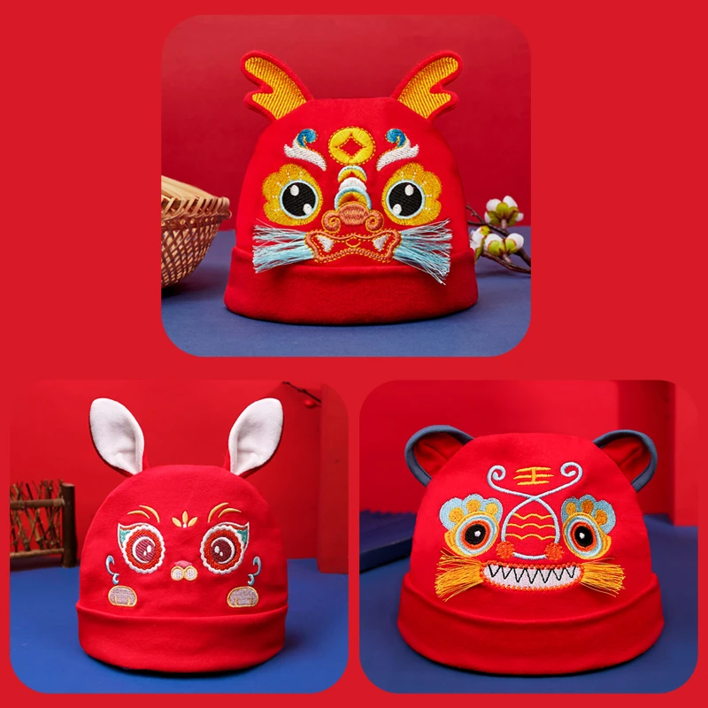 婴儿帽子红色满月百天周岁龙头帽虎头帽宝宝帽胎帽春秋 MZ1909