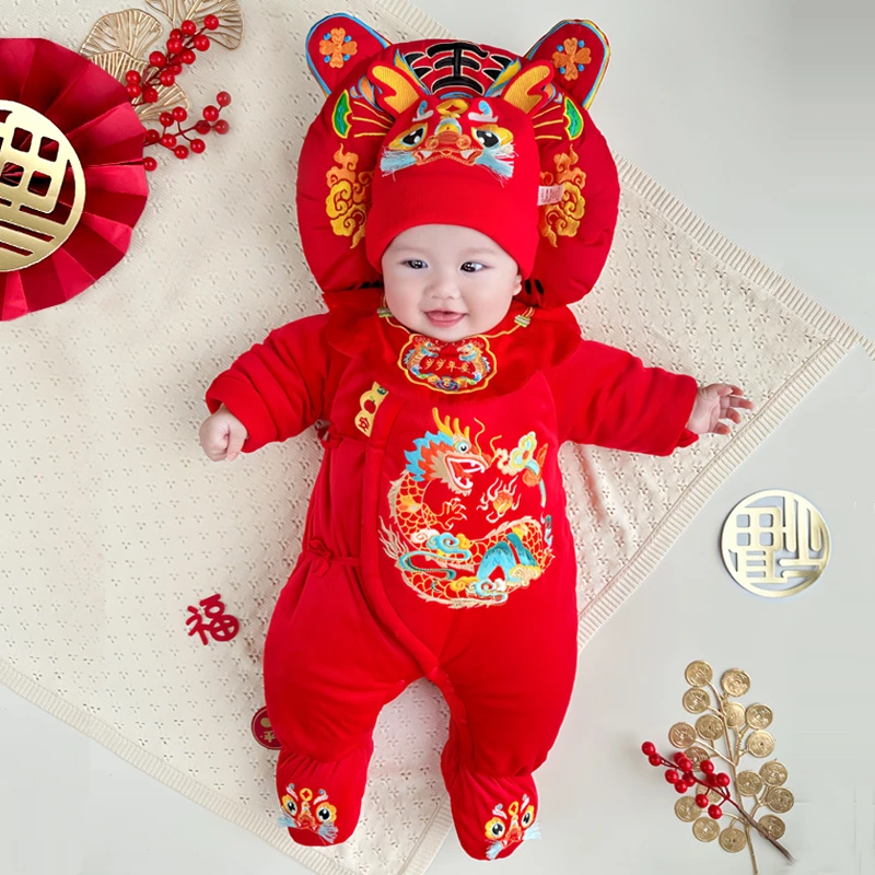 龙年满月百天宝宝衣服拜年服婴儿包脚连体衣加厚夹棉哈衣5528