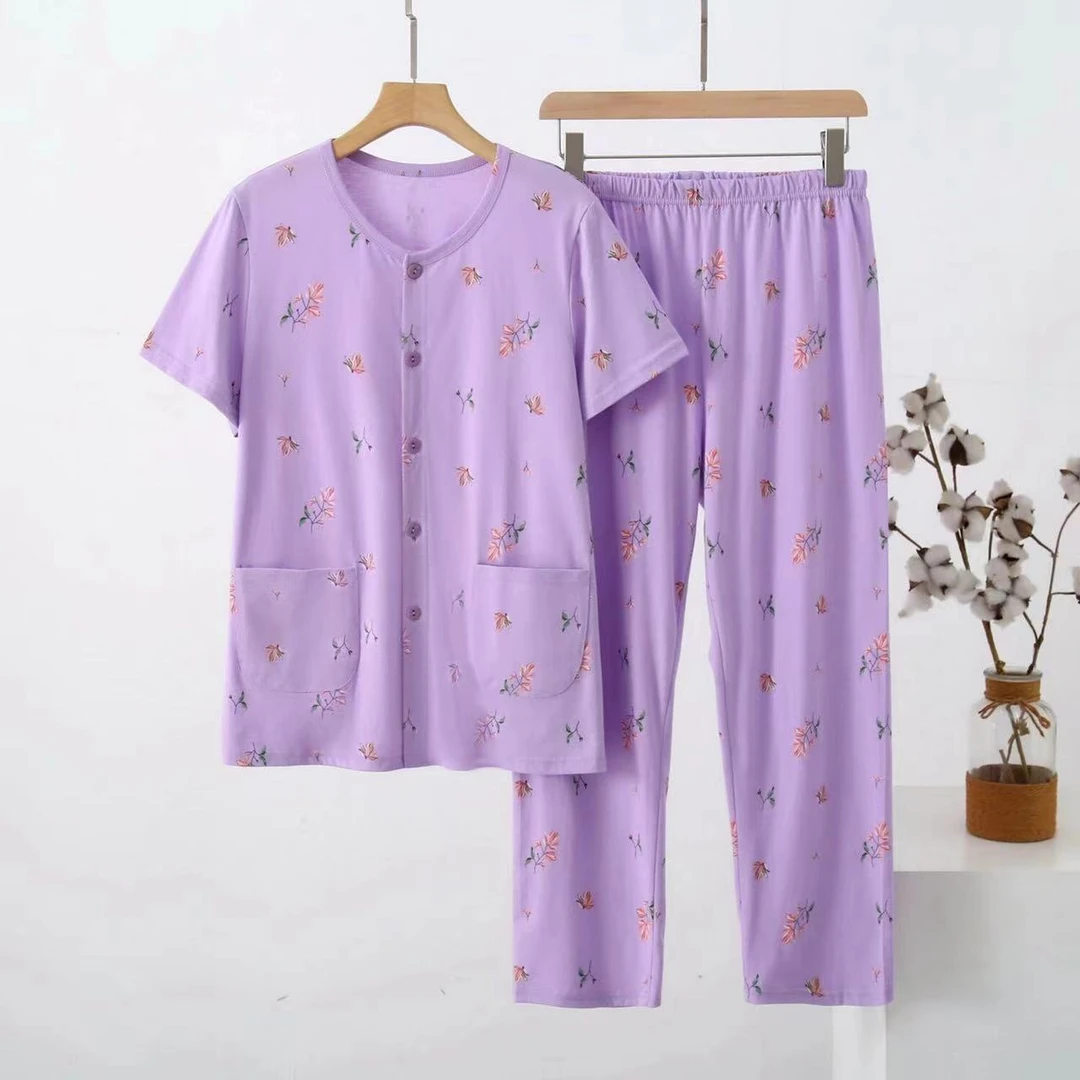 夏季中老年女士纯棉睡衣睡裤宽松大码开衫薄款老人短袖家居服套装