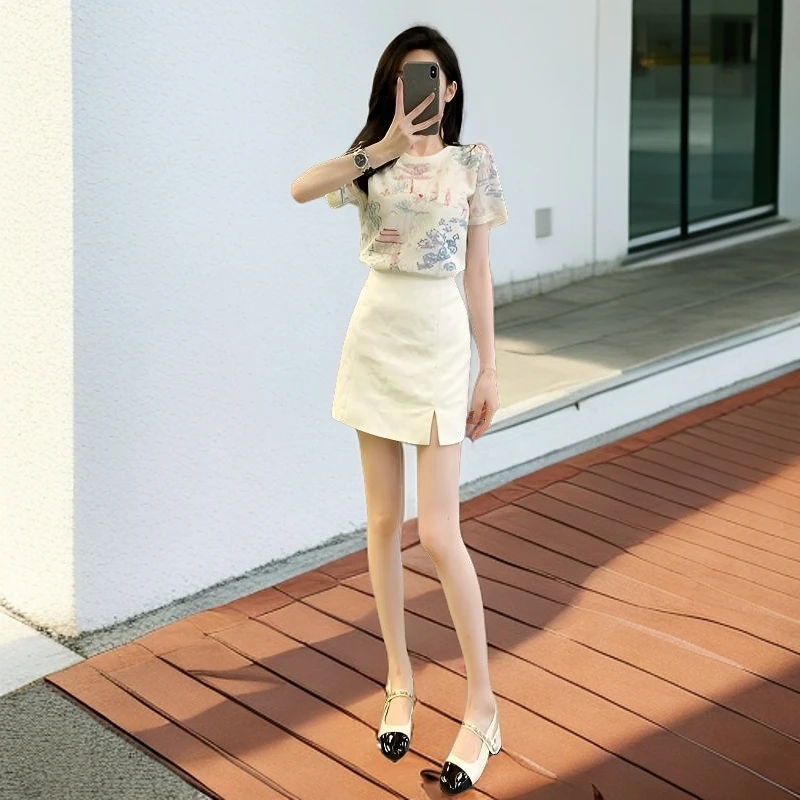 欧货炸街夏季短裙短袖套装时尚潮流百搭精品女装镂空气质两件套潮