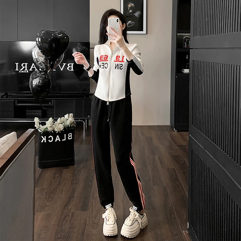 欧货休闲运动套装女秋季新款显瘦网红炸街洋气开衫卫衣卫裤两件套