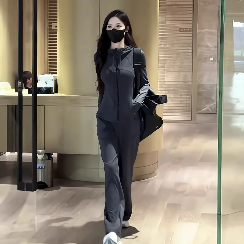 灰色休闲运动套装女春秋2024新款高级感洋气高腰垂感直筒裤两件套