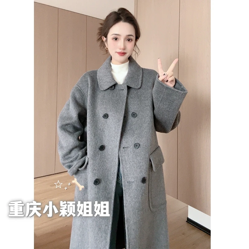 Yacy韩版气质春秋冬中长款外套女小个子时尚翻领大衣百搭宽松毛呢