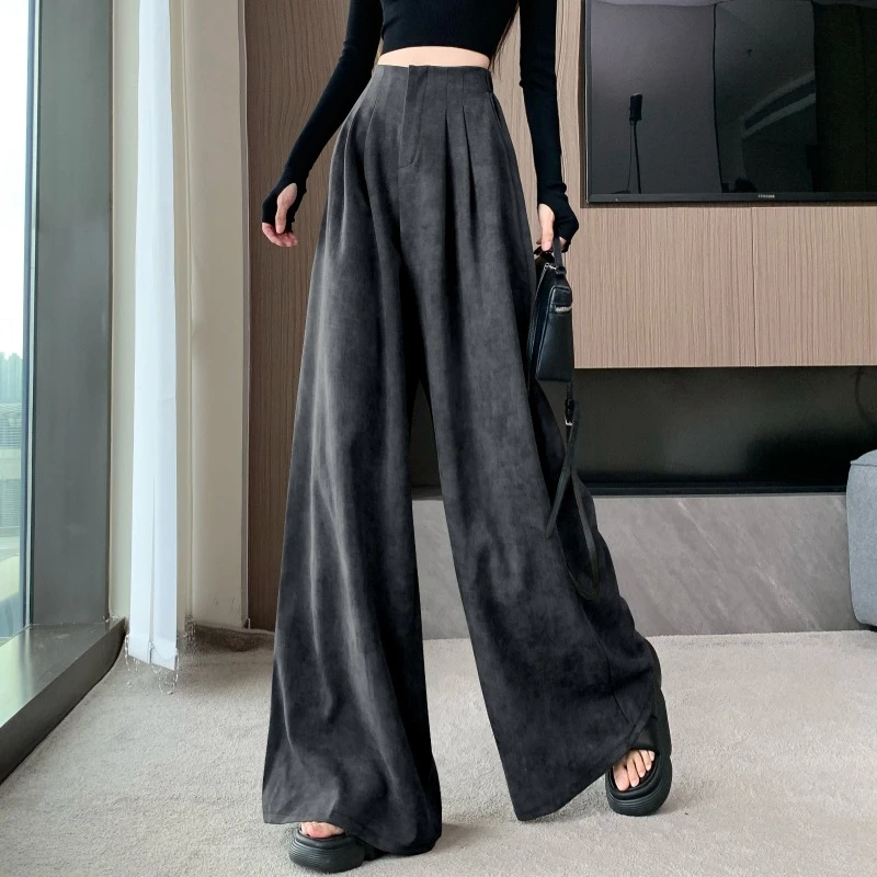 复古小众咖色扎染高腰压褶直筒垂感拖地加长休闲阔腿西装裤女秋季