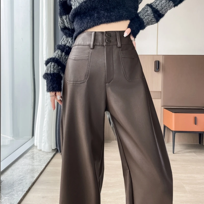 实拍咖色高腰哑光PU皮阔腿裤女宽松显瘦直筒复古休闲垂感拖地裤