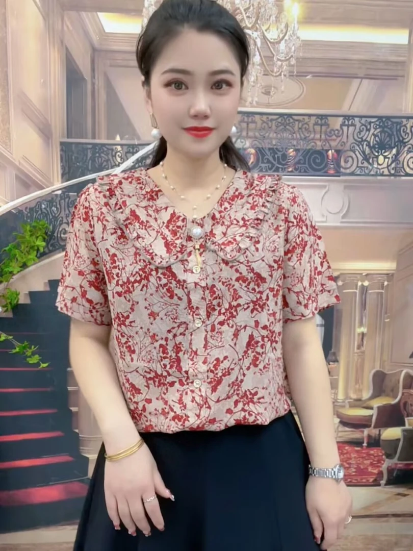 新中式洋气叠领短袖上衣宽松显瘦百搭减龄碎花妈妈装女T恤小衫