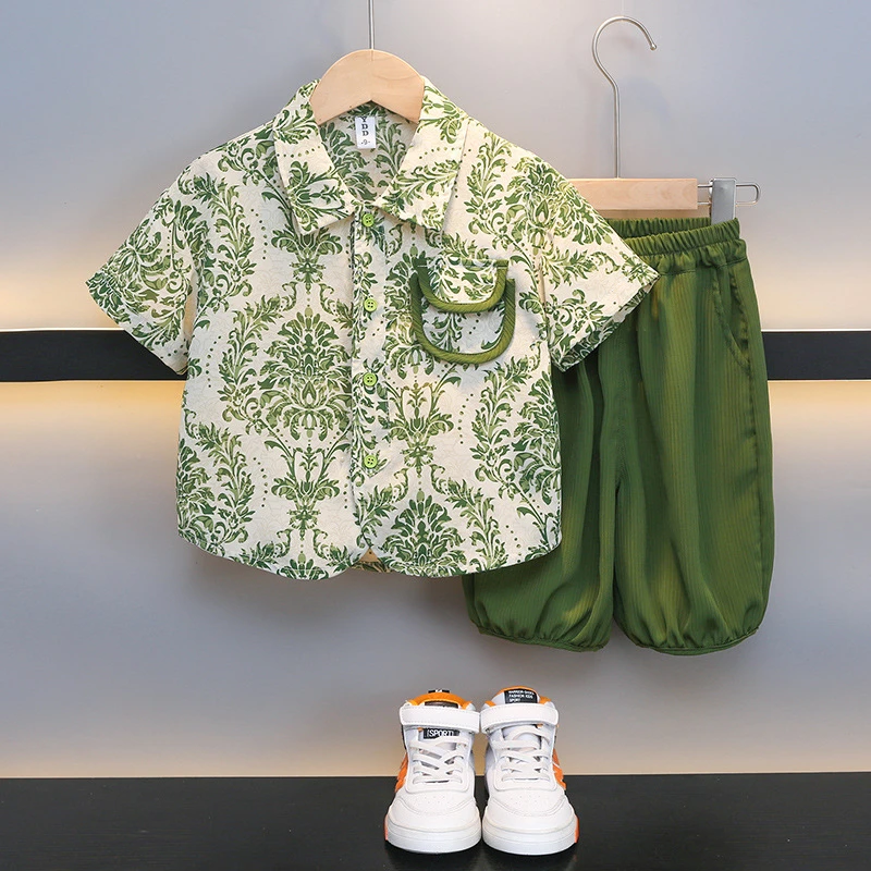 男童时髦衬衫夏季2024新款痞帅洋气男宝儿童短袖长裤宝宝夏装衣服