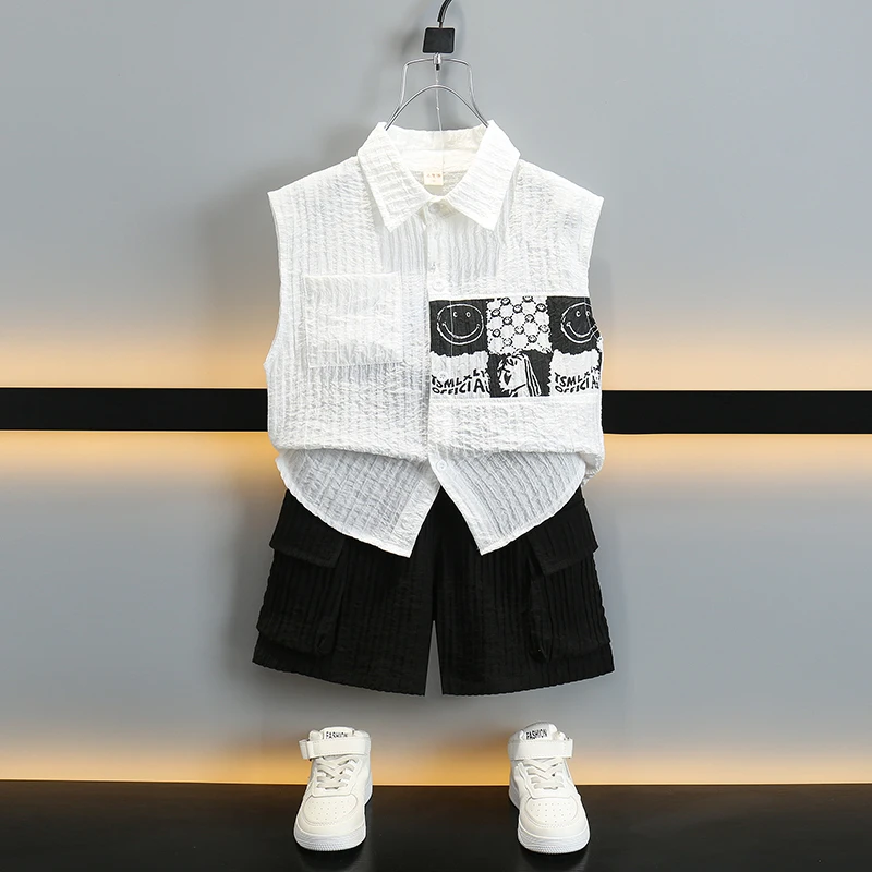 男童夏季套装2024新款儿童夏装薄款帅气中小童无袖衬衫男孩童装潮