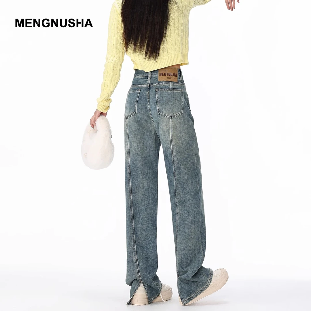 复古开叉阔腿牛仔裤女夏季2024新款显瘦宽松垂感设计直筒拖地裤子