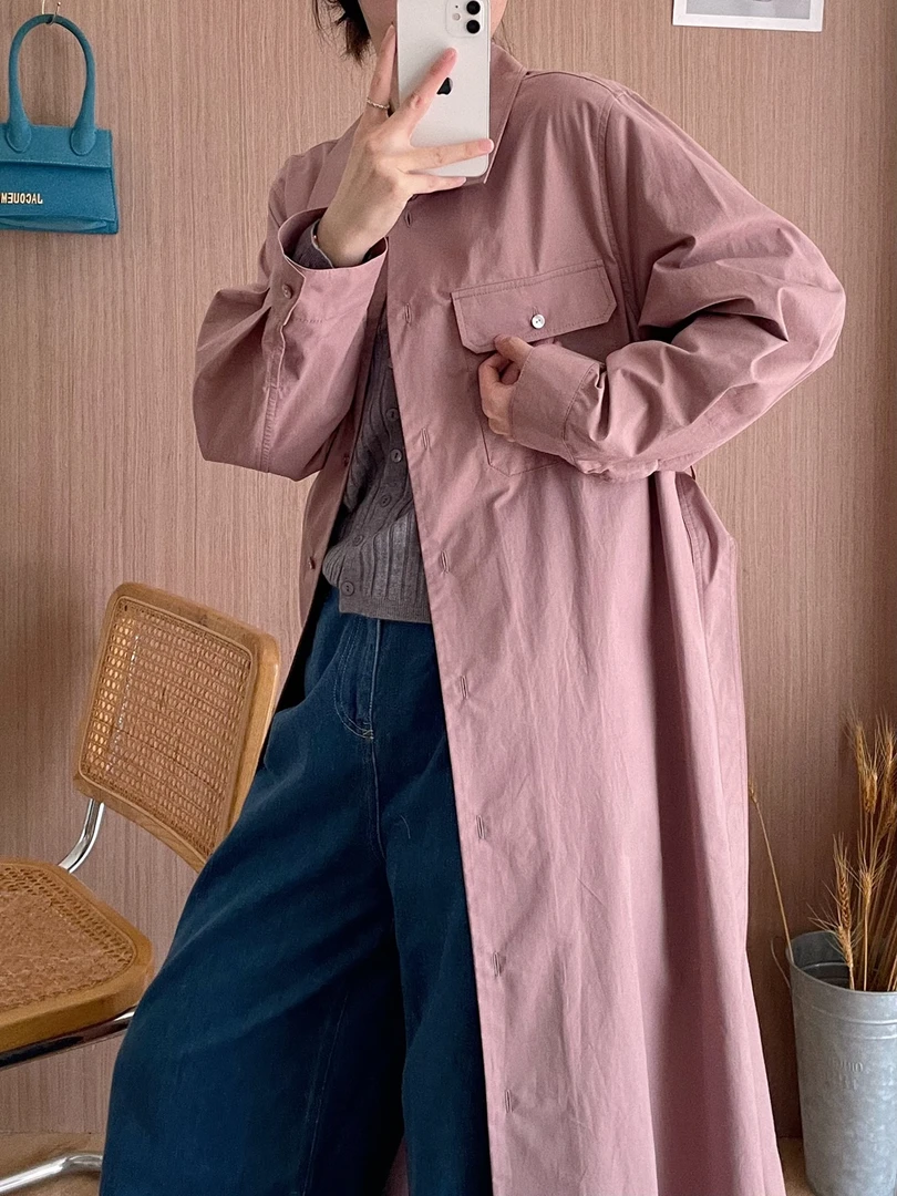 【杭州S姐精品女装】粉色衬衫连衣裙女甜美气质宽松收腰长裙子05028
