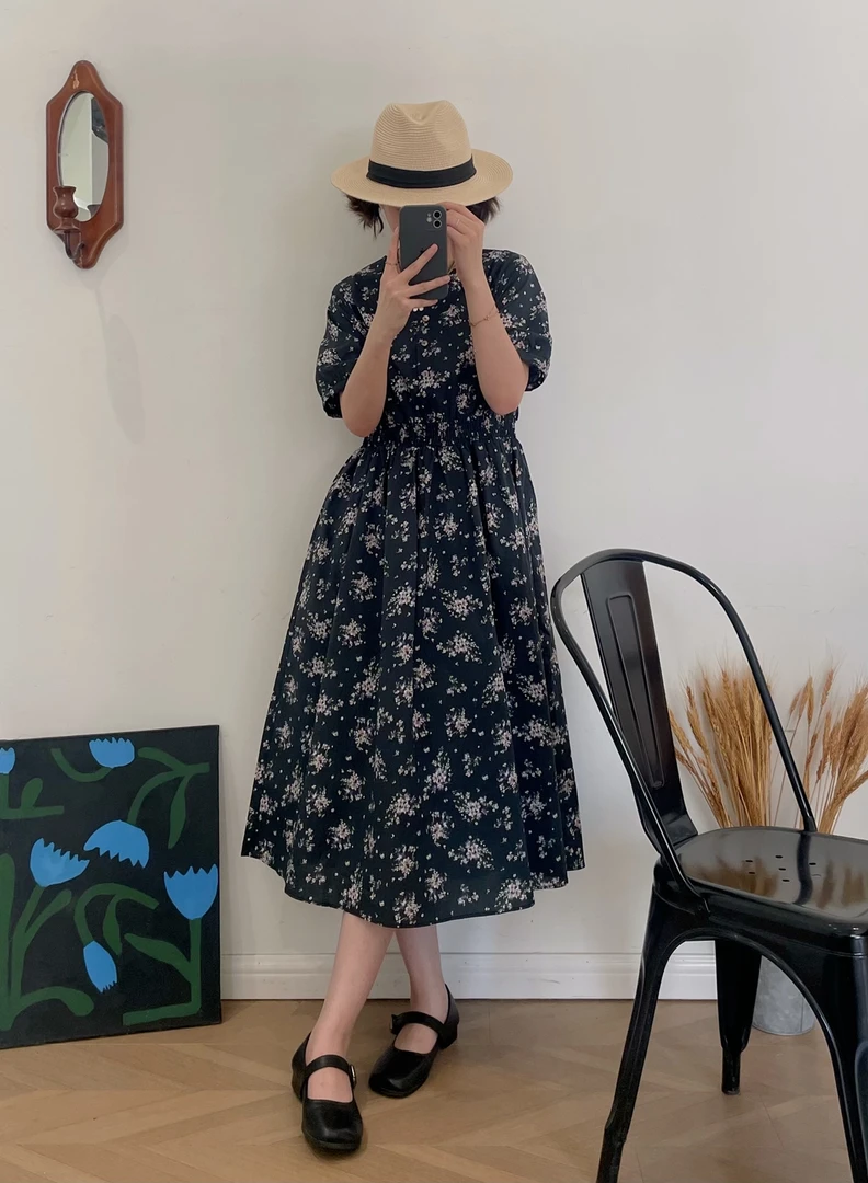 【杭州S姐精品女装】花色连衣裙女法式复古气质收腰中长款裙子02022