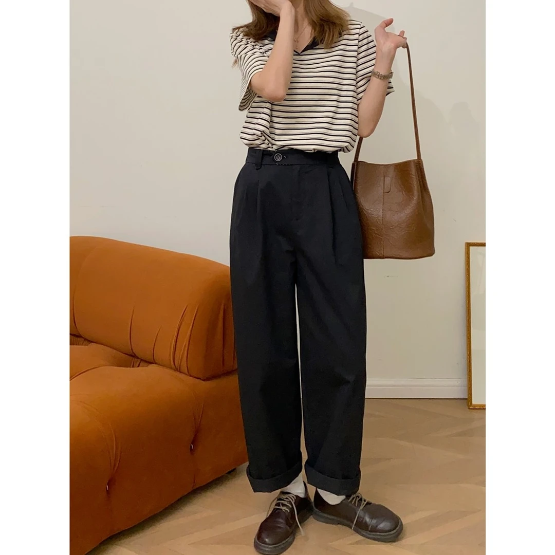 【杭州S姐 精品女装】黑色裤子宽松显瘦休闲裤直筒阔腿裤女裤12156