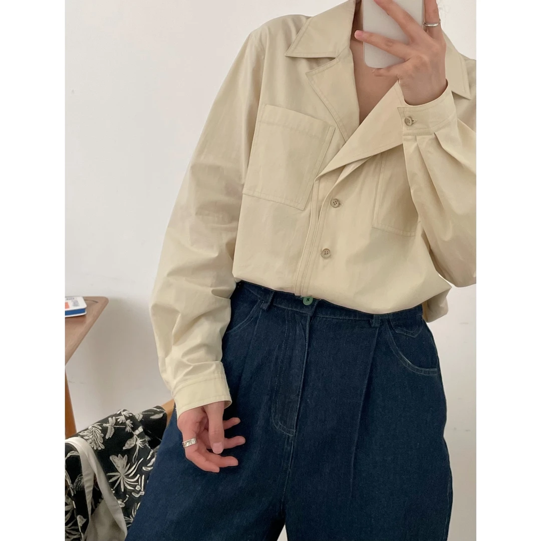 【杭州S姐精品女装】设计感西装领V领长袖衬衫女复古港风上衣09126