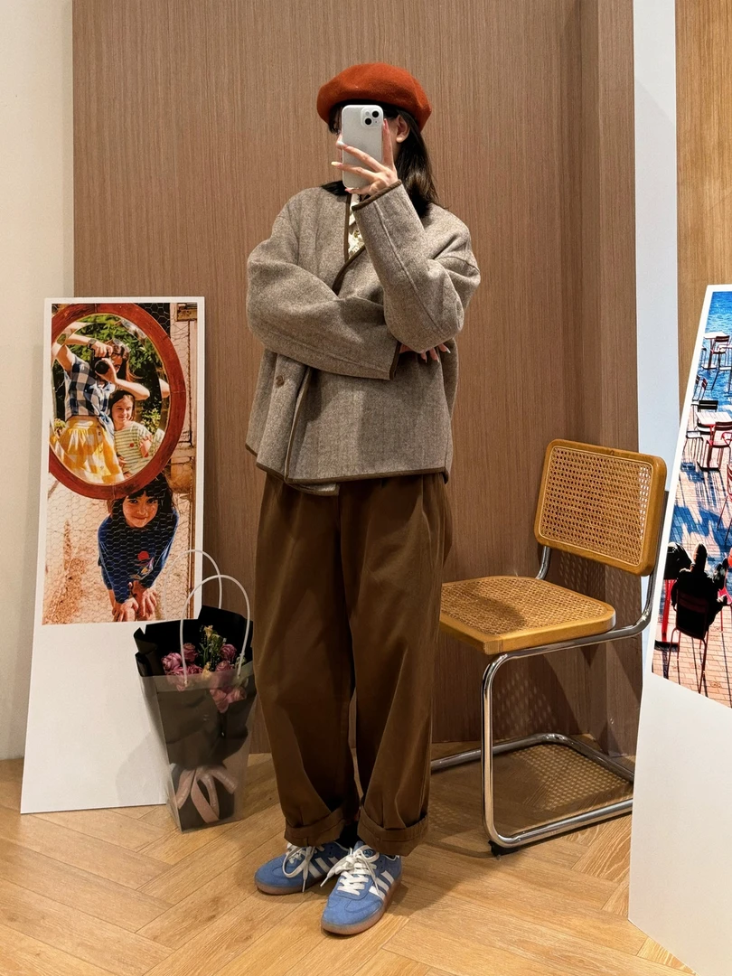 【微瑕】撞色边V领斜纹双面呢外套女短款毛呢大衣g10061