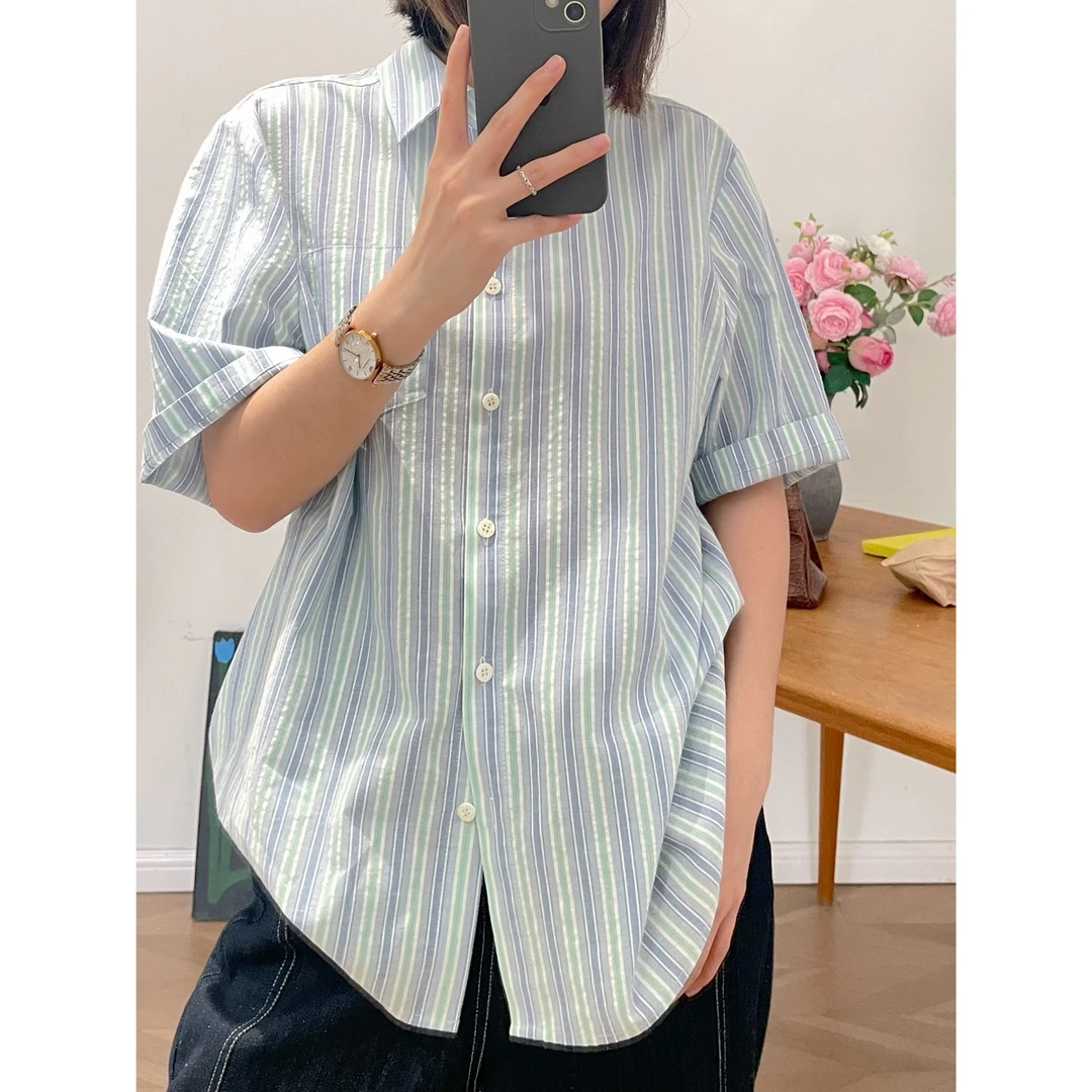 【杭州S姐精品女装】条纹短袖衬衫女休闲半袖设计感小众上衣04179