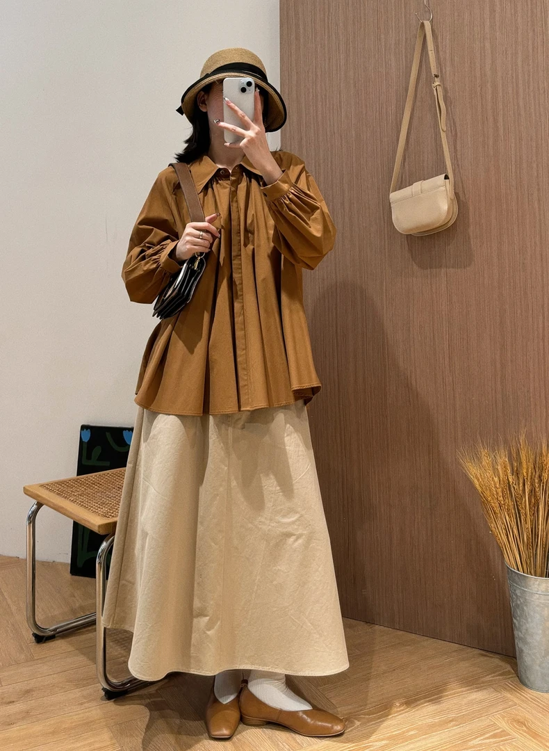 【杭州S姐女装】长袖衬衫秋季盐系上衣小众设计感褶皱小衫h05069