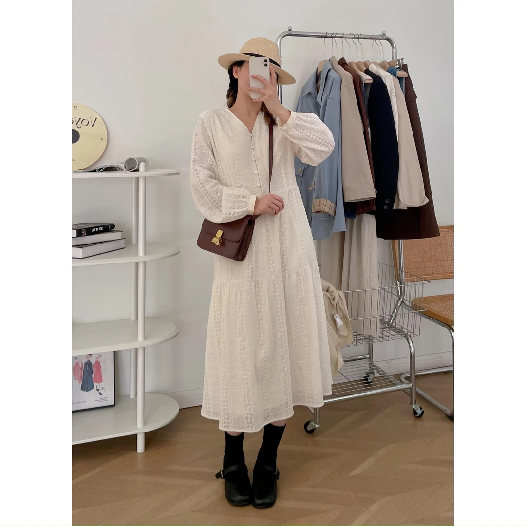 【杭州S姐精品女装】蕾丝绣花连衣裙女法式复古温柔A字长裙子12001