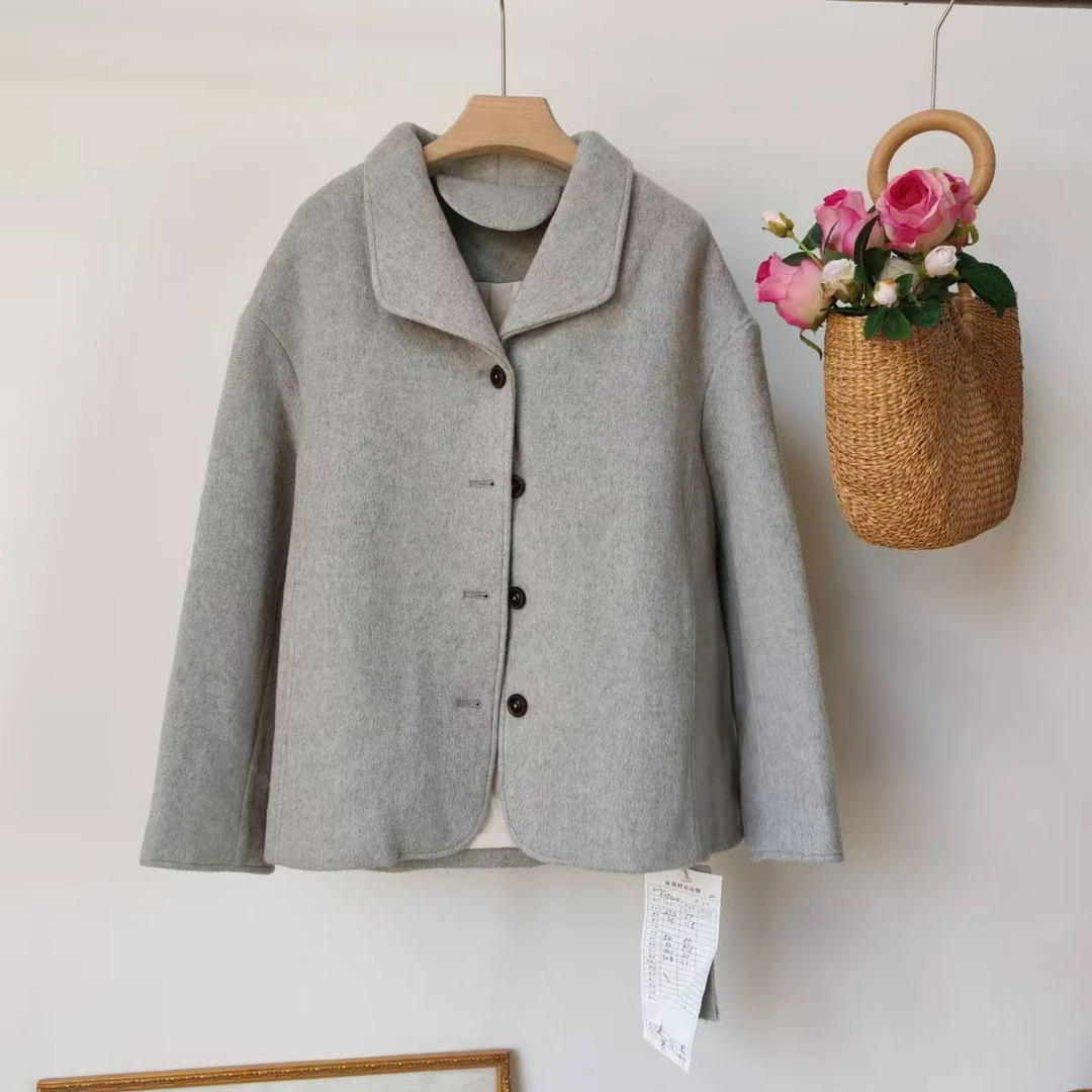 【精工样衣】灰色短款黑扣毛呢外套f09124