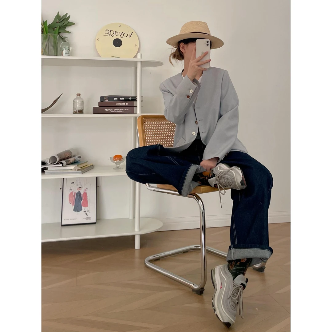 【杭州S姐】高端复古显瘦百搭宽松V领简约外套女春季新款11178