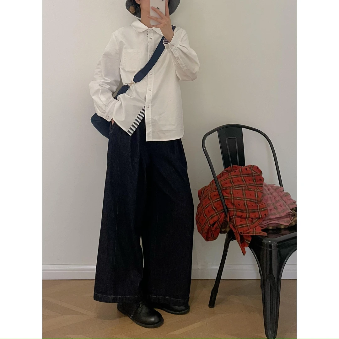 【杭州S姐精品女装】拼色长袖白色衬衫女设计感小众衬衣上衣07021