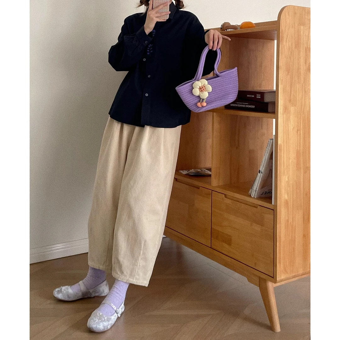 【杭州S姐女装】复古灯芯绒阔腿休闲裤女高腰直筒小个子长裤子06083