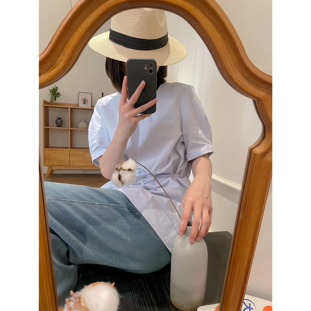 【杭州S姐精品女装】设计感后背小心机上衣女系带收腰圆领衬衫04201