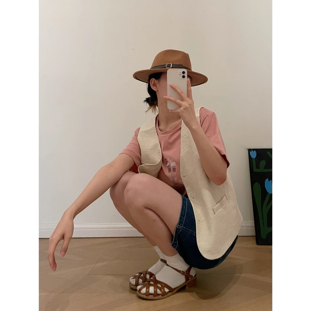 【杭州S姐精品女装】高级简约气质亚麻上衣V领无袖马甲女坎肩11135