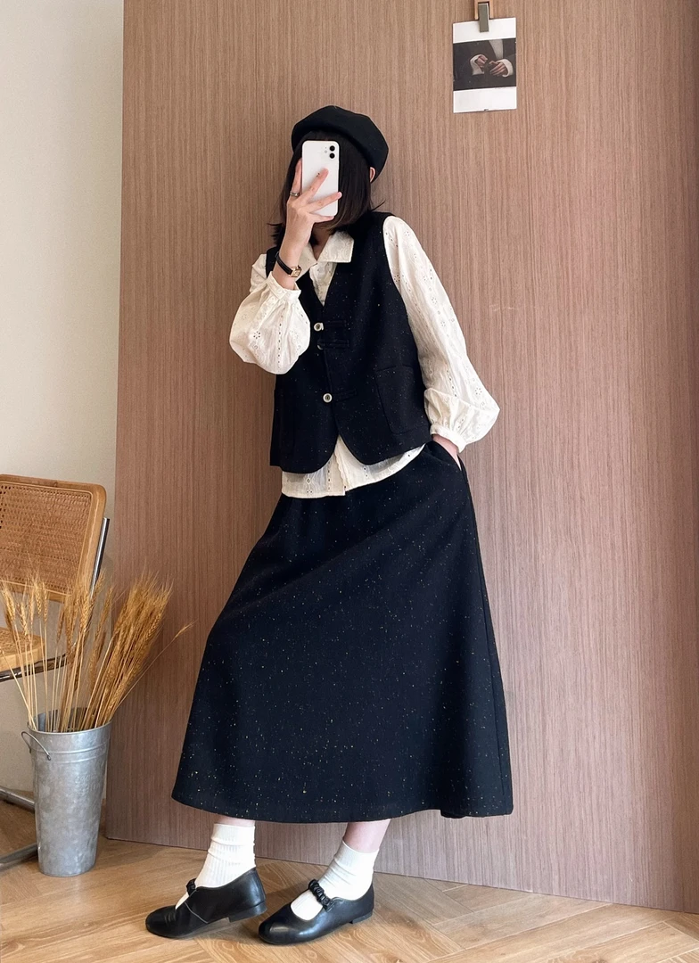 【杭州S姐精品女装】复古杂色休闲马甲女显瘦A字半身裙子套装07042