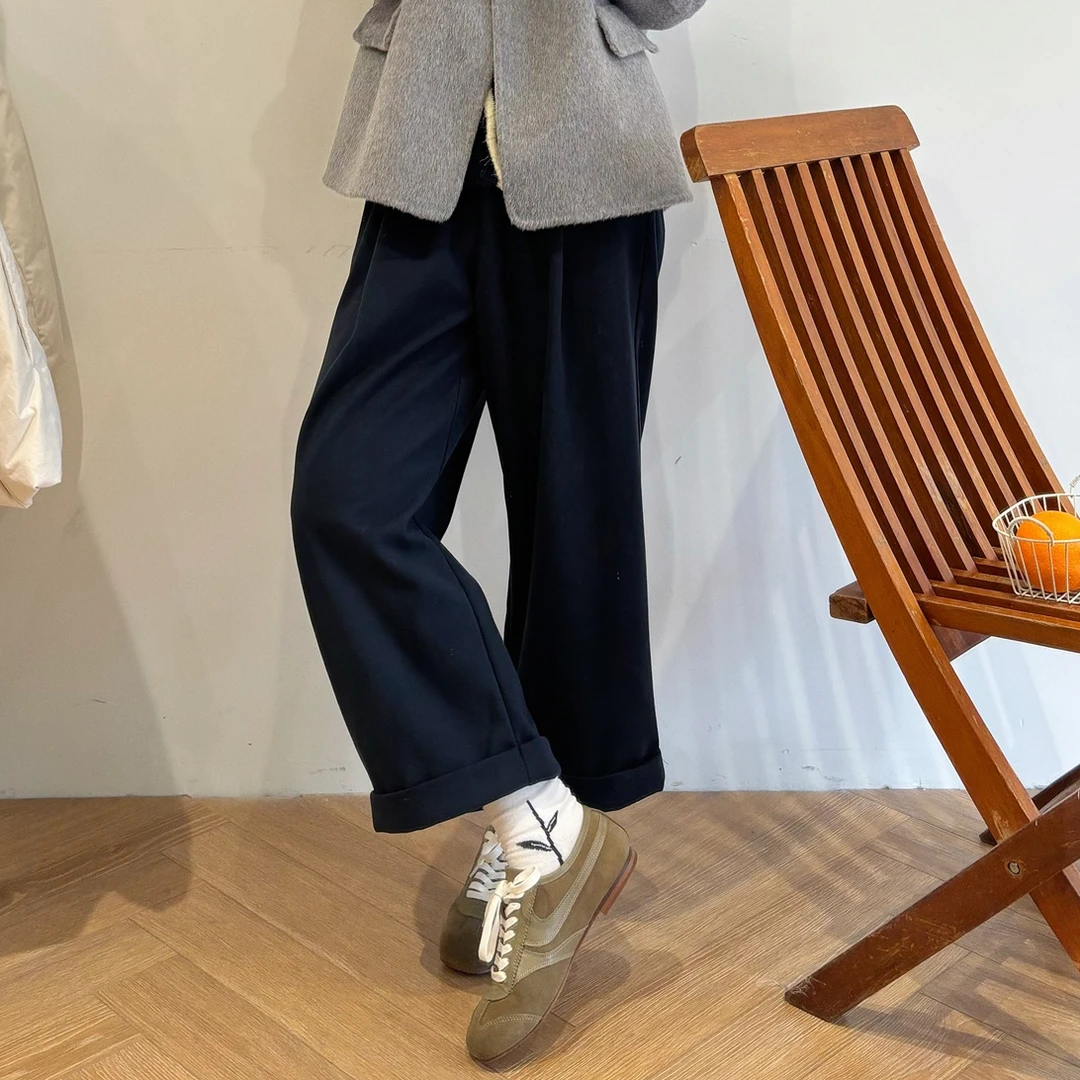 【杭州S姐精品女装】两粒扣加厚裤子女宽松直筒休闲阔腿长裤子22012