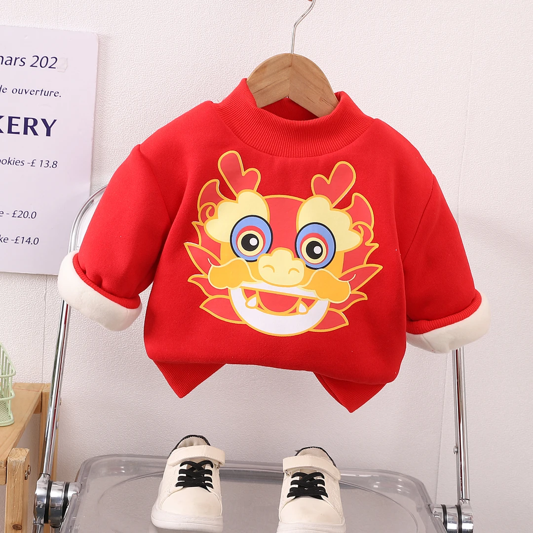 宝宝红色新年卫衣冬加绒男童上衣儿童过年衣服加绒保暖外出