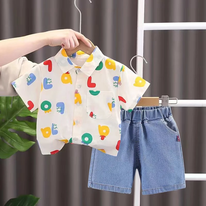 儿童夏装衬衣套装新款洋气宝宝夏季儿童帅气衬衫两件套潮