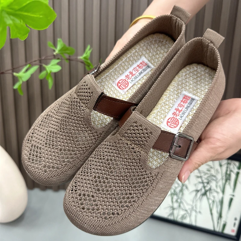 新中式夏季老北京布鞋女透气镂空网面豆豆鞋一脚蹬软底舒适妈妈鞋