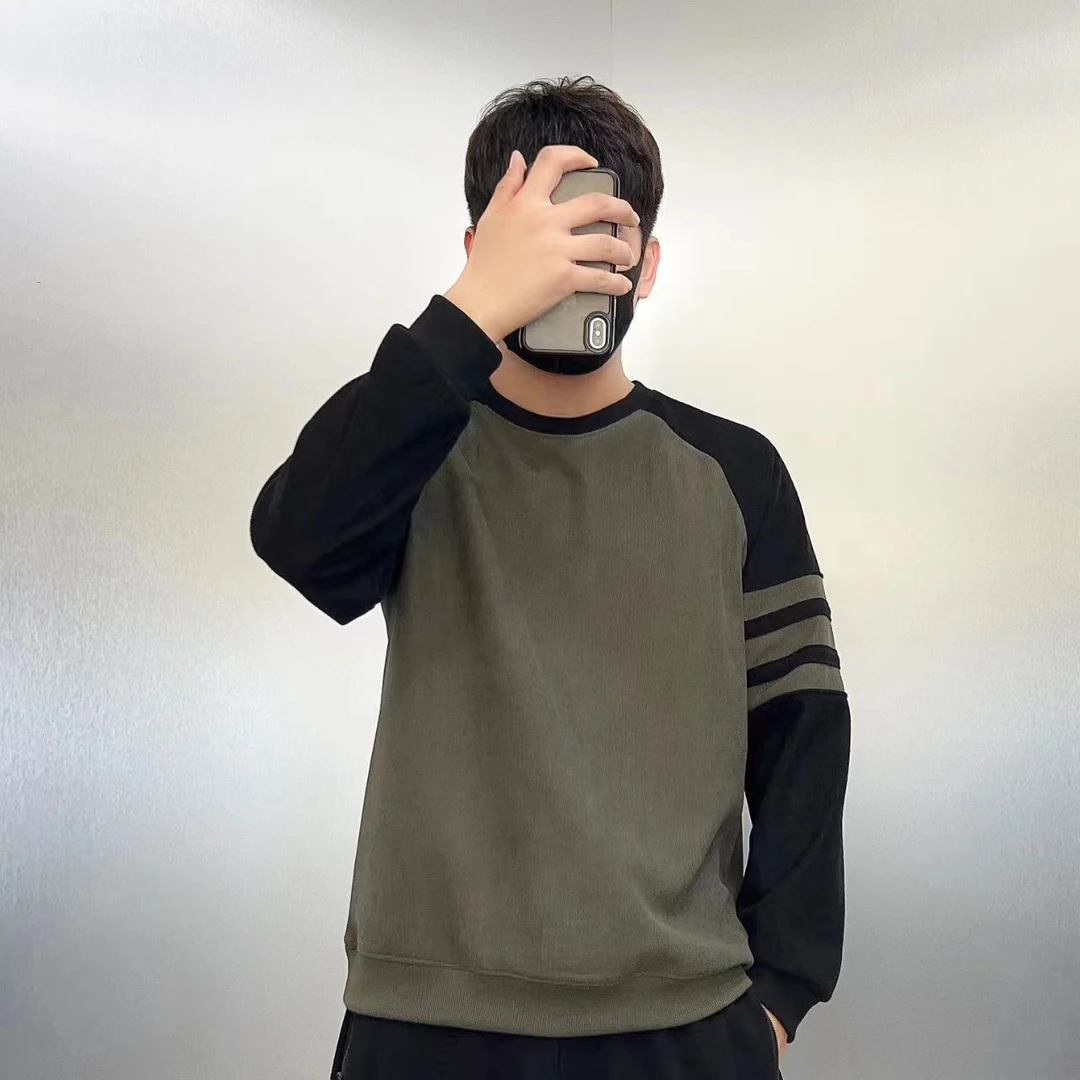 春秋季新款男士时尚百搭宽松休闲潮流韩版拼接长袖圆领卫衣简约