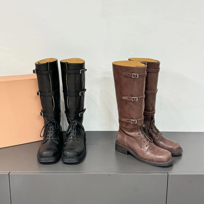 【三吉喵专属】M家复古牛皮长靴女粗跟高筒靴女骑士靴做旧长筒靴