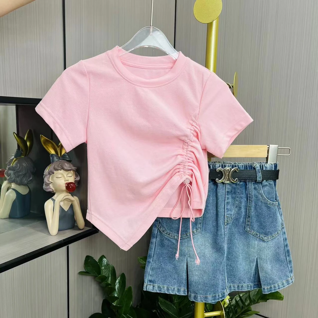 女童短袖T恤2024新款夏季中大童儿童百搭时尚抽绳显瘦潮小众上衣