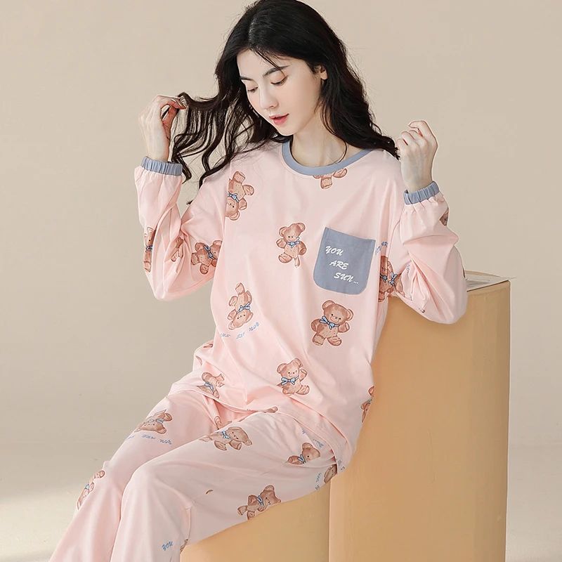 纯棉春秋季爆款长袖韩版长裤睡衣韩式温柔甜美少女睡衣女套装