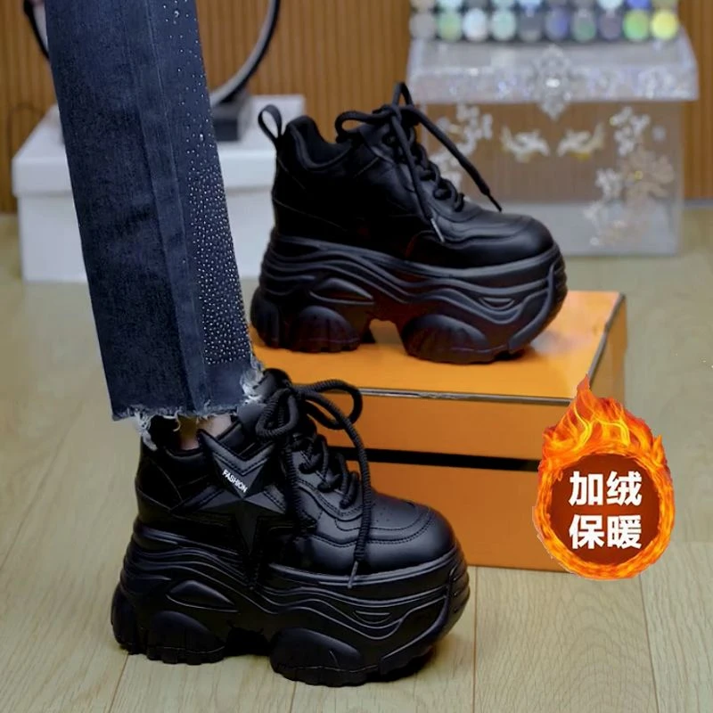 新款秋冬季加绒老爹鞋女2024内增高小个子厚底松糕增高运动休闲鞋