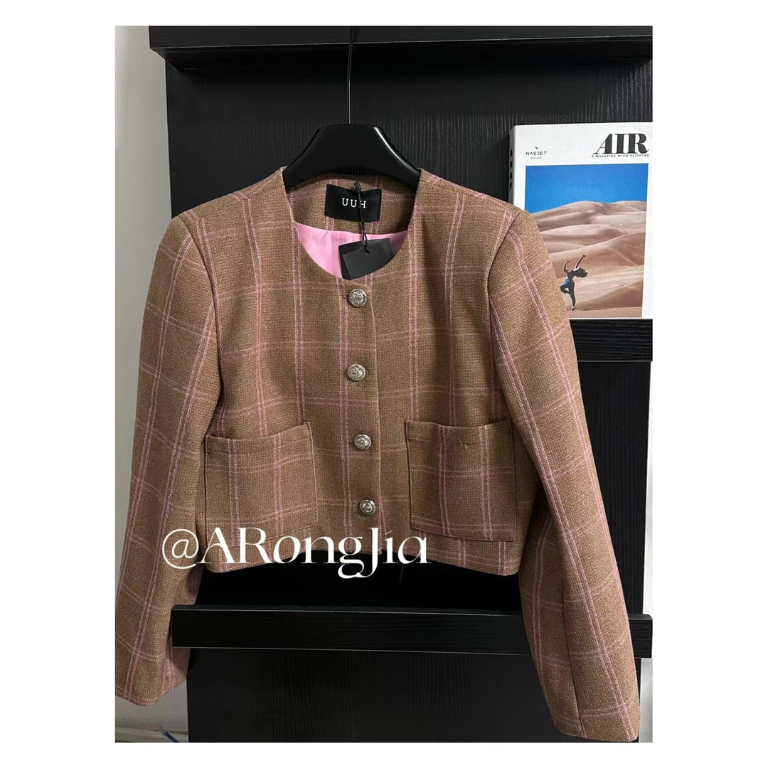 新款小香风格子短外套圆领双排扣气质小外套上衣女外套-23005