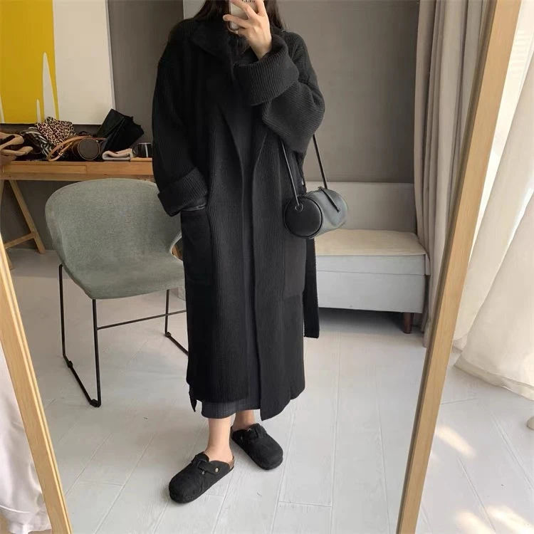 复古风翻领针织开衫中长款毛衣外套加厚慵懒针织系带大衣-00994