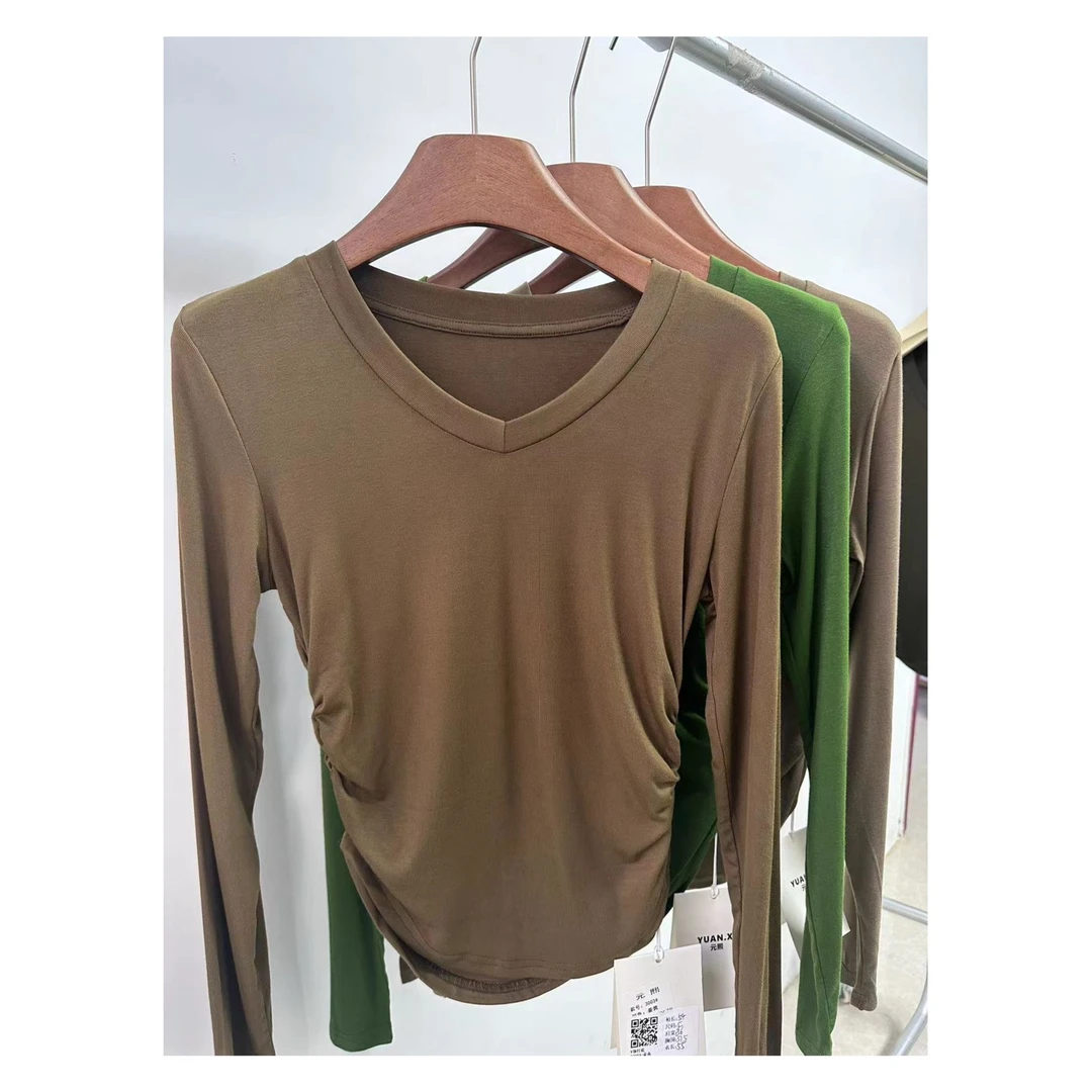 新款抽褶长袖T恤女韩版修身显瘦V领时尚气质打底衫上衣内搭-03003