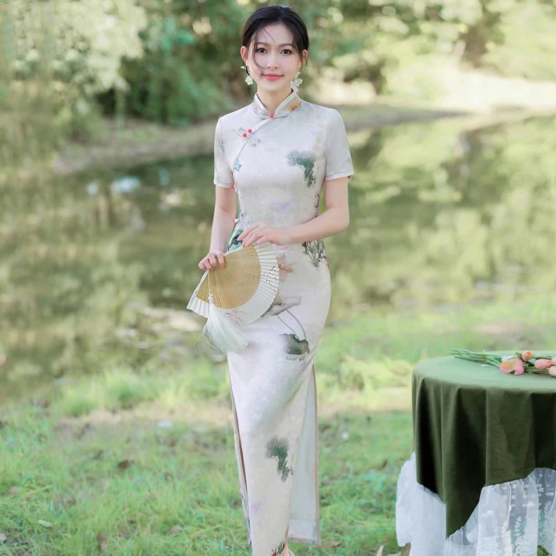 高档新款旗袍女长款改良粉色年轻款双层花萝修身气质中国风连衣裙