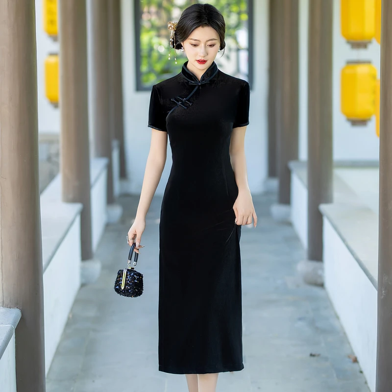 高档新中式旗袍改良长款夏季新款丝绒气质显瘦黑色中国风旗袍裙女