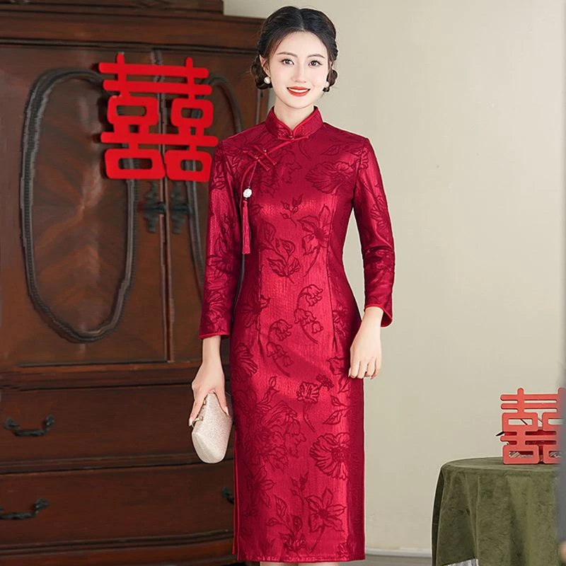 红色旗袍女改良秋季新款蕾丝显瘦气质中国风喜妈妈礼服旗袍连衣裙