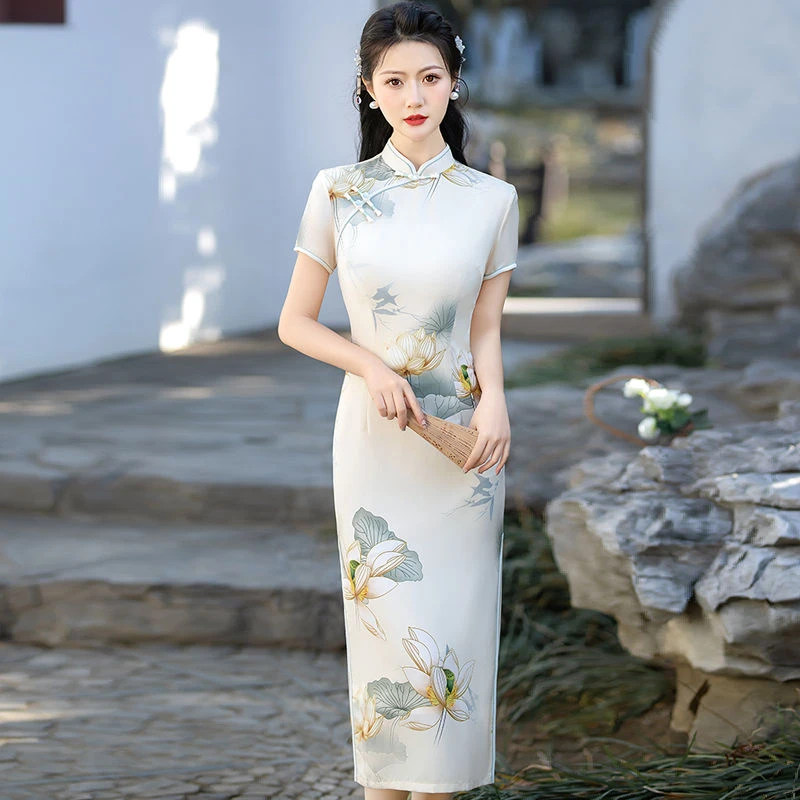 高档新中式旗袍改良夏季新款醋酸双层气质中长款中国风旗袍连衣裙