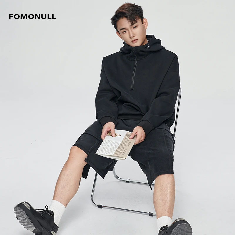 fomonull纯色胸口拉链返潮复古连帽套头时尚卫衣秋季男上衣户外