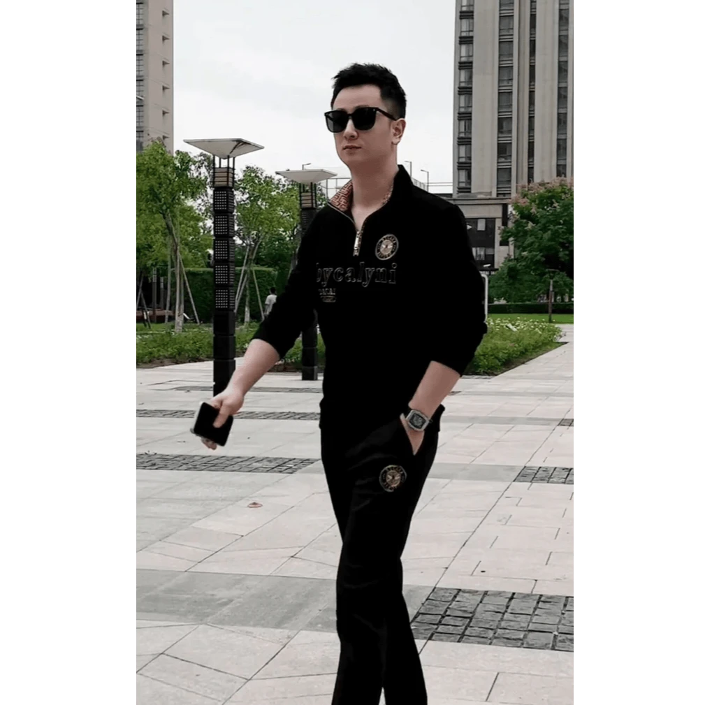 2024秋装新款休闲卫衣百搭两件套男士轻奢时尚立领高品质套装